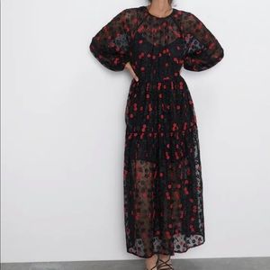 Zara black and red embroider maxi dress